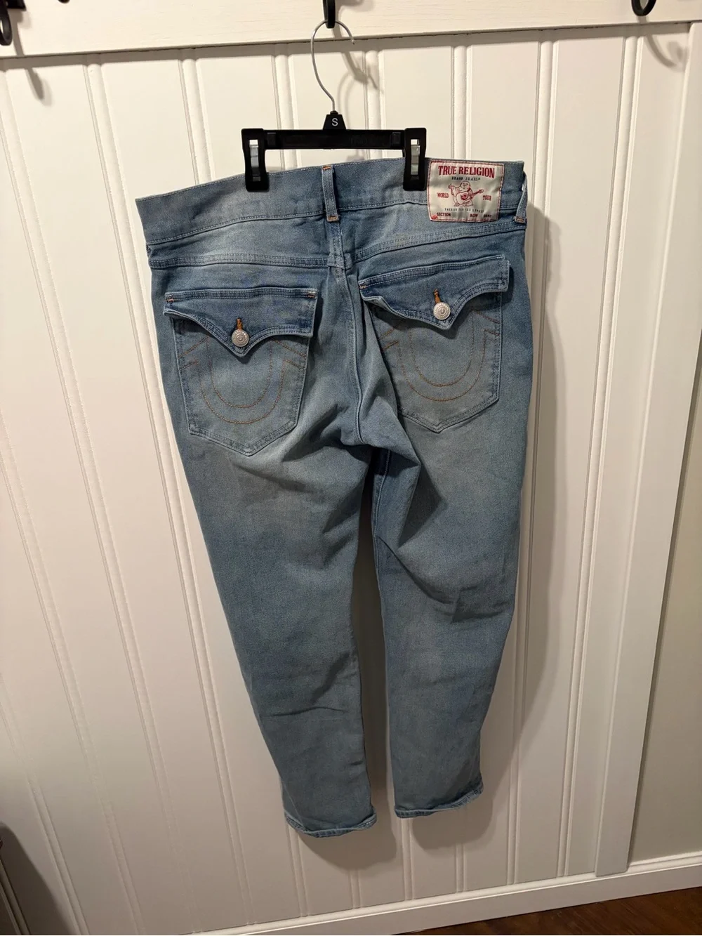 True Religion Geno Relaxed Slim Jeans Light Wash Flap Pocket SZ 34X31